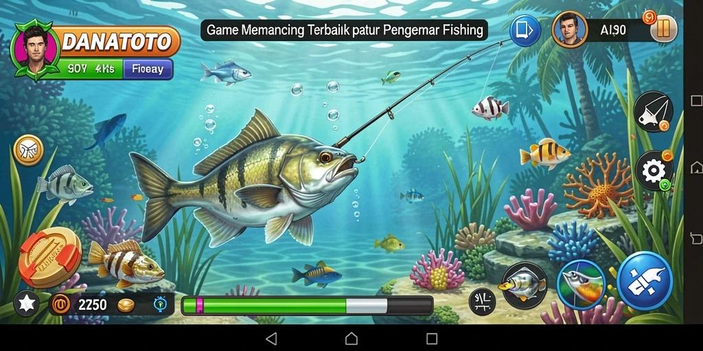 Screenshot menunjukkan gameplay memancing yang menarik di DANATOTO.