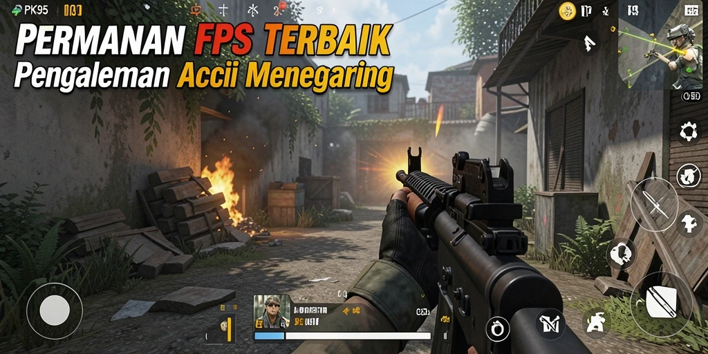 Screenshot utama PK95 menampilkan aksi menembak intens dalam pertarungan FPS.
