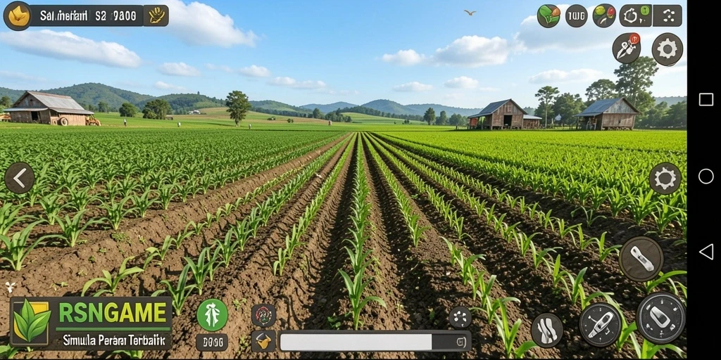 Screenshot gameplay RSNGAME menampilkan suasana kebun yang ramai dan indah.