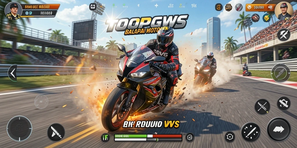 Screenshot TOOPGWS menunjukkan aksi balapan motor yang mengesankan.